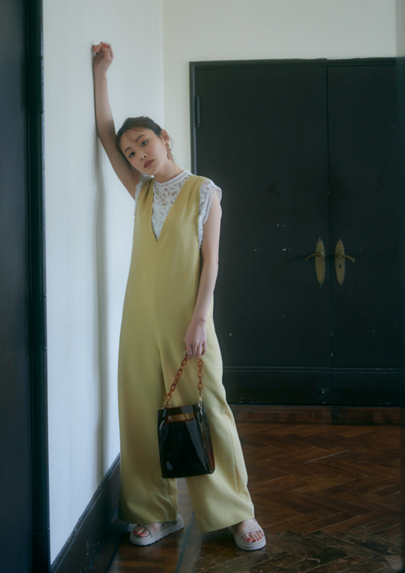 3Dレースブラウス、バックリボンVネックオールインワン