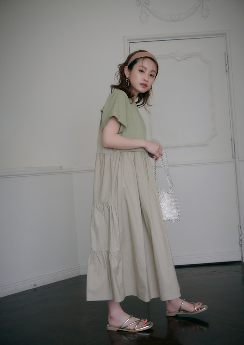 異素材コンビ配色バックティアードTシャツワンピース