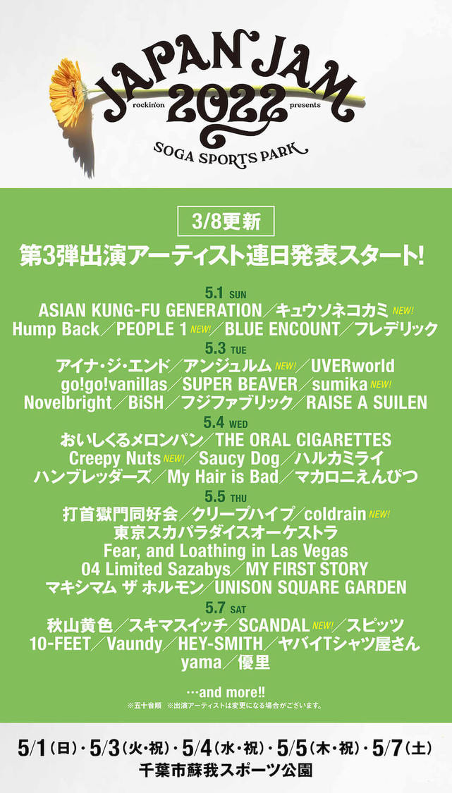 ＜JAPAN JAM 2022＞出演アーティスト