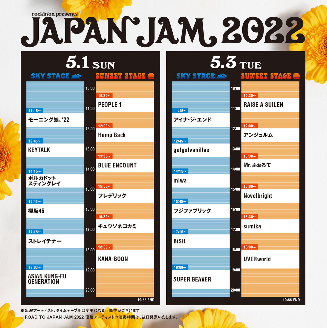 ＜JAPAN JAM 2022＞タイムテーブル（5月1日＆3日）
