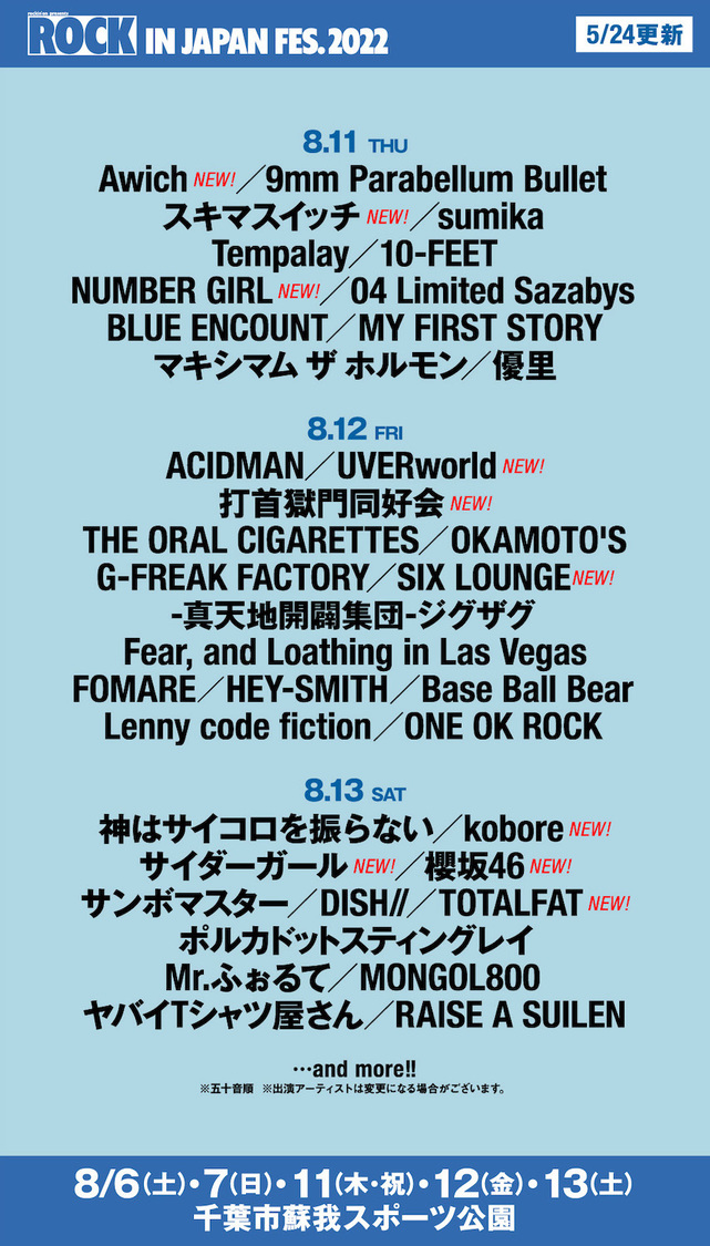 ＜ROCK IN JAPAN FESTIVAL 2022＞　出演アーティスト（8月11日、8月12日、8月13日）