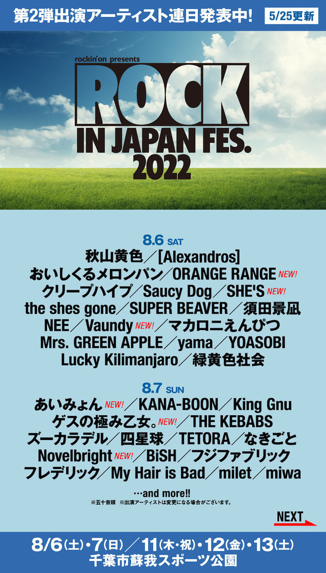 ＜ROCK IN JAPAN FESTIVAL 2022＞　出演アーティスト（8月6日、8月7日）