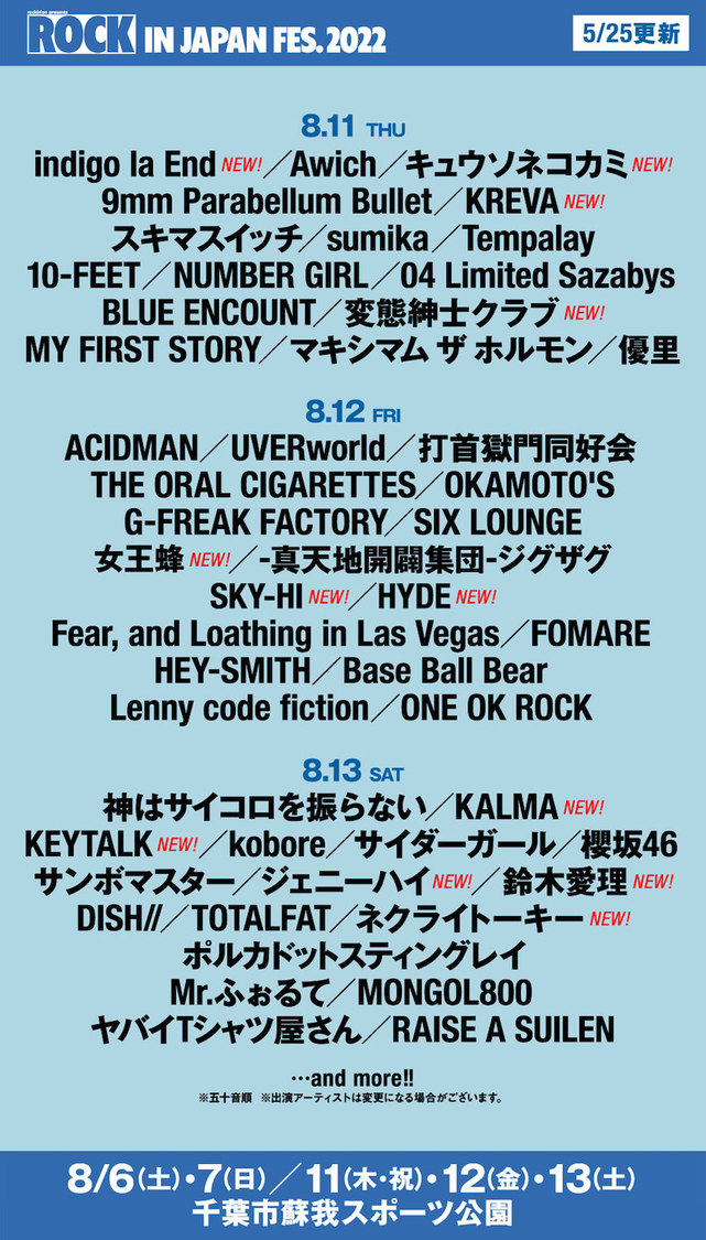 ＜ROCK IN JAPAN FESTIVAL 2022＞　出演アーティスト（8月11日、8月12日、8月13日）