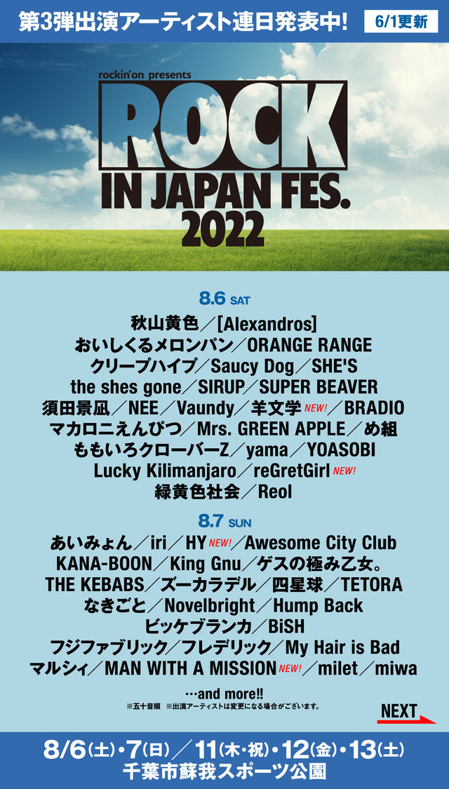 ＜ROCK IN JAPAN FESTIVAL 2022＞　出演アーティスト（8月6日、8月7日）