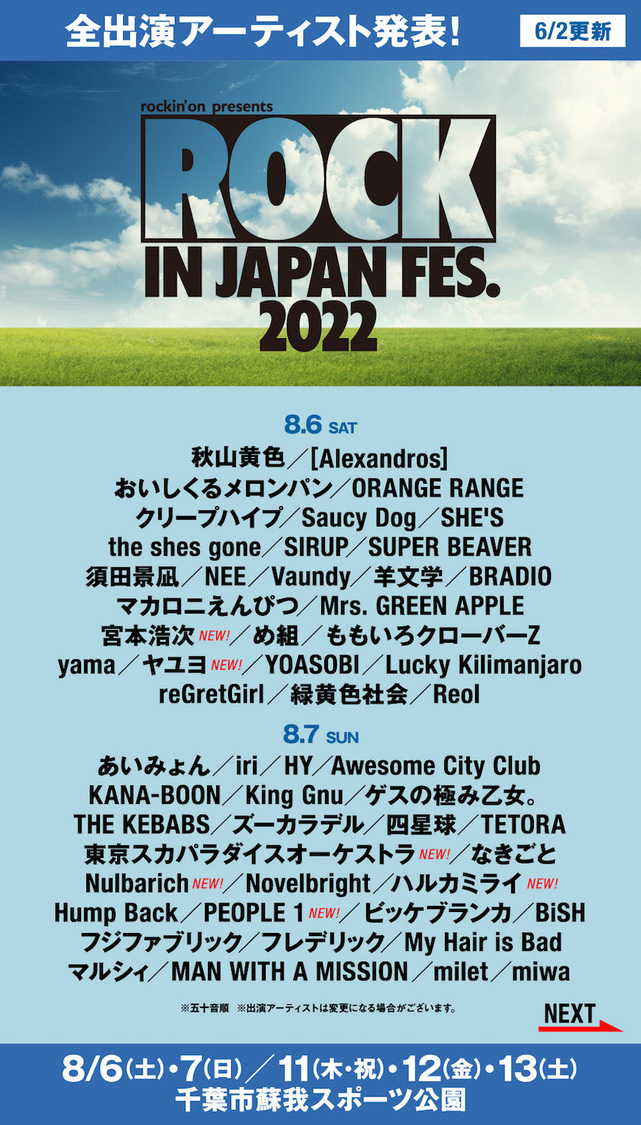 ＜ROCK IN JAPAN FESTIVAL 2022＞　出演アーティスト（8月6日、8月7日）