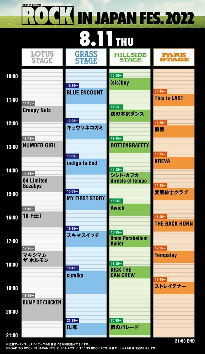 ＜ROCK IN JAPAN FESTIVAL 2022＞タイムテーブル（8月11日）