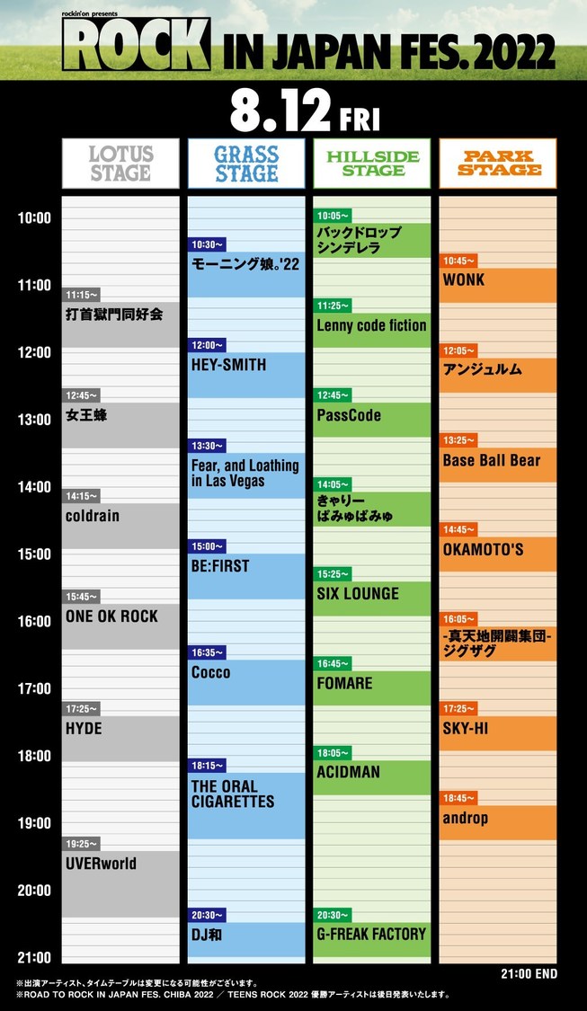 ＜ROCK IN JAPAN FESTIVAL 2022＞タイムテーブル（8月12日）