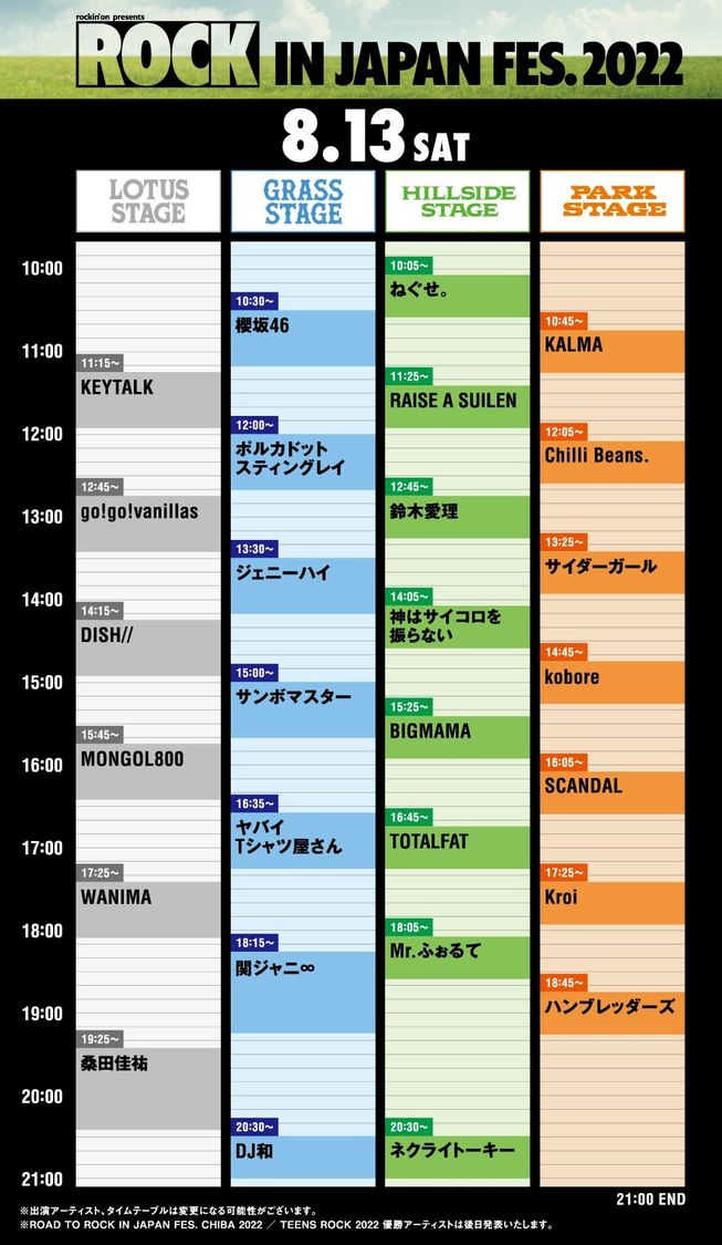 ＜ROCK IN JAPAN FESTIVAL 2022＞タイムテーブル（8月13日）