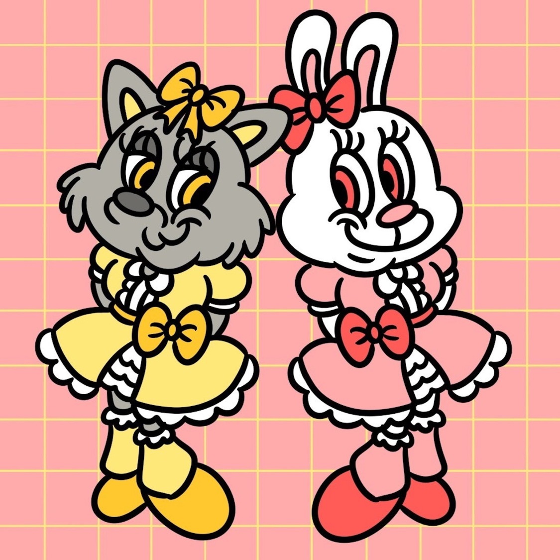 左：猫のキーナ（頓知気さきな）、右：ウサギのウイン（兎遊たお）