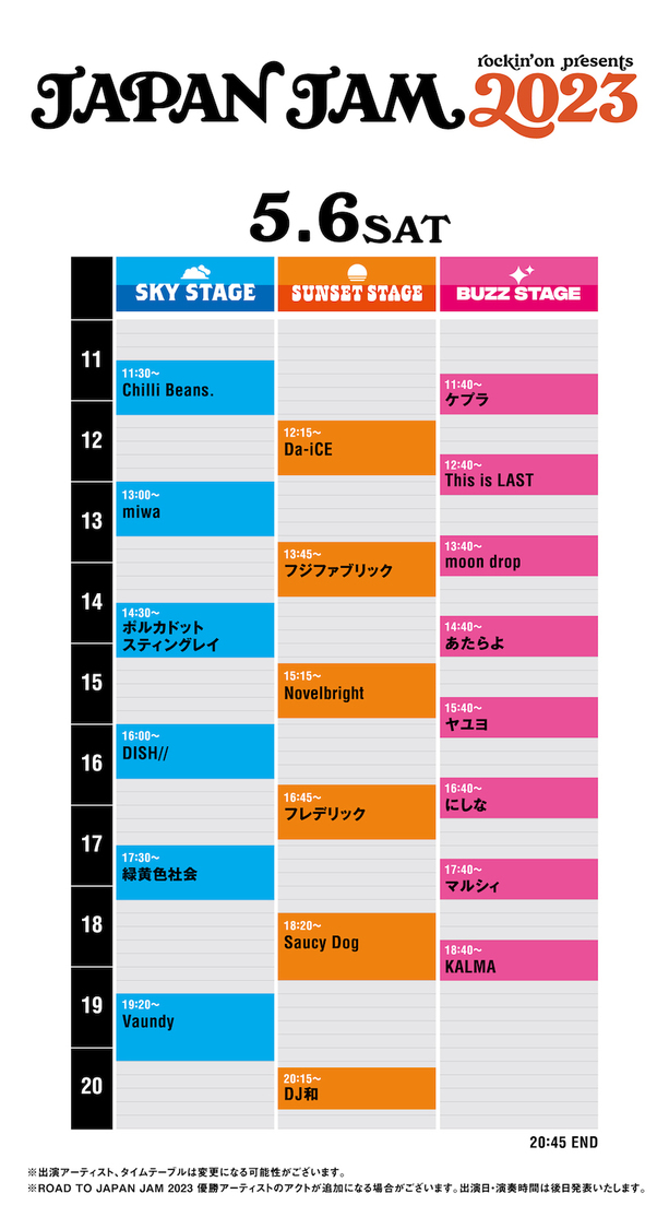 ＜JAPAN JAM 2023＞5月6日（土）タイムテーブル
