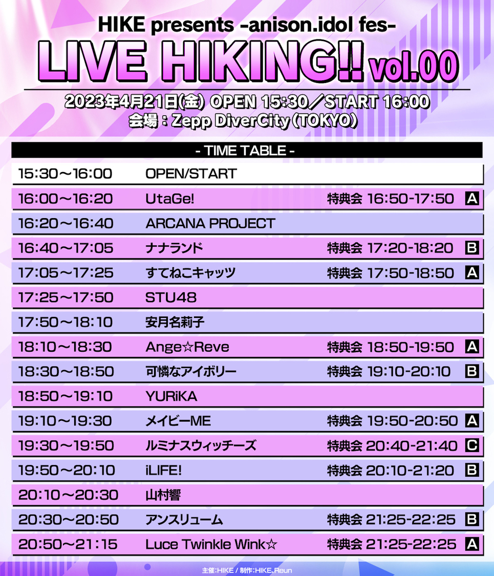 ＜-anison.idol fes-LIVE HIKING!! vol.00＞タイムテーブル