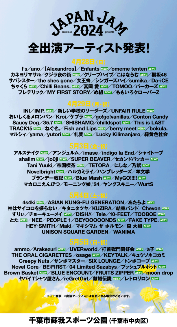 ＜JAPAN JAM 2024＞第3弾出演アーティスト