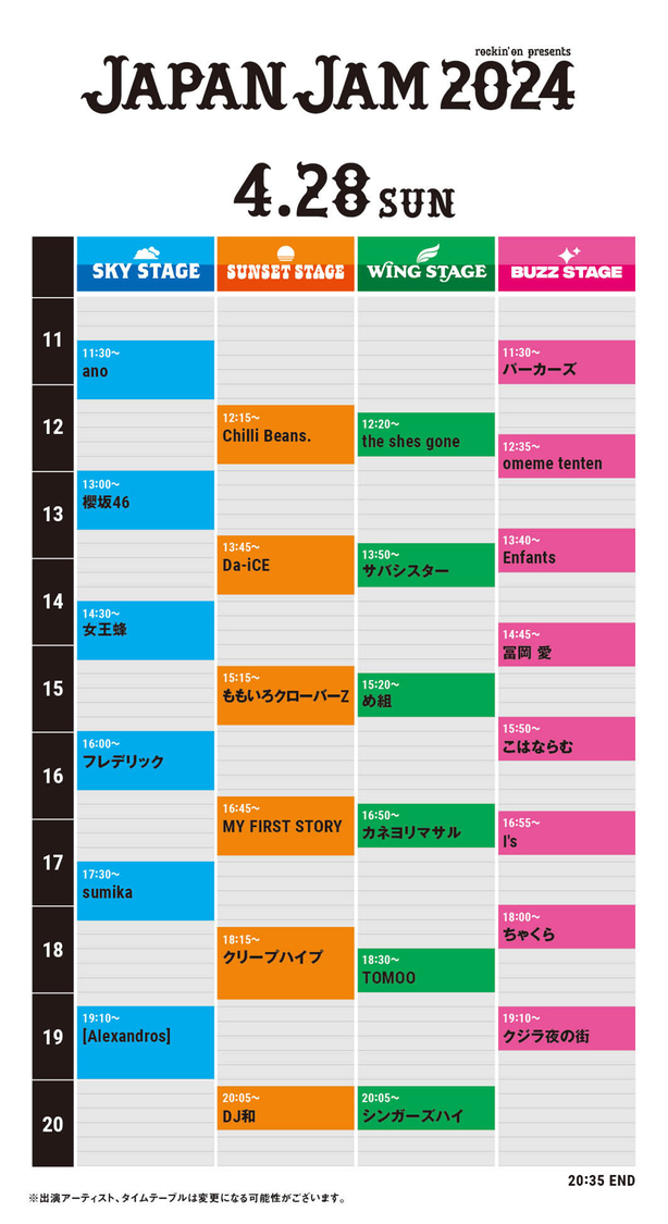 ＜JAPAN JAM 2024＞タイムテーブル（4月28日）