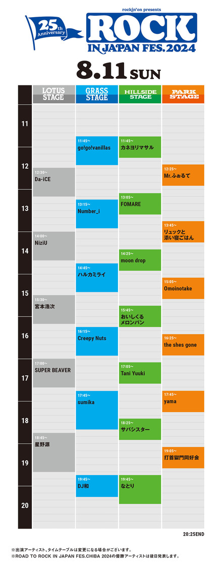 ＜ROCK IN JAPAN FESTIVAL 2024＞タイムテーブル（8月11日）