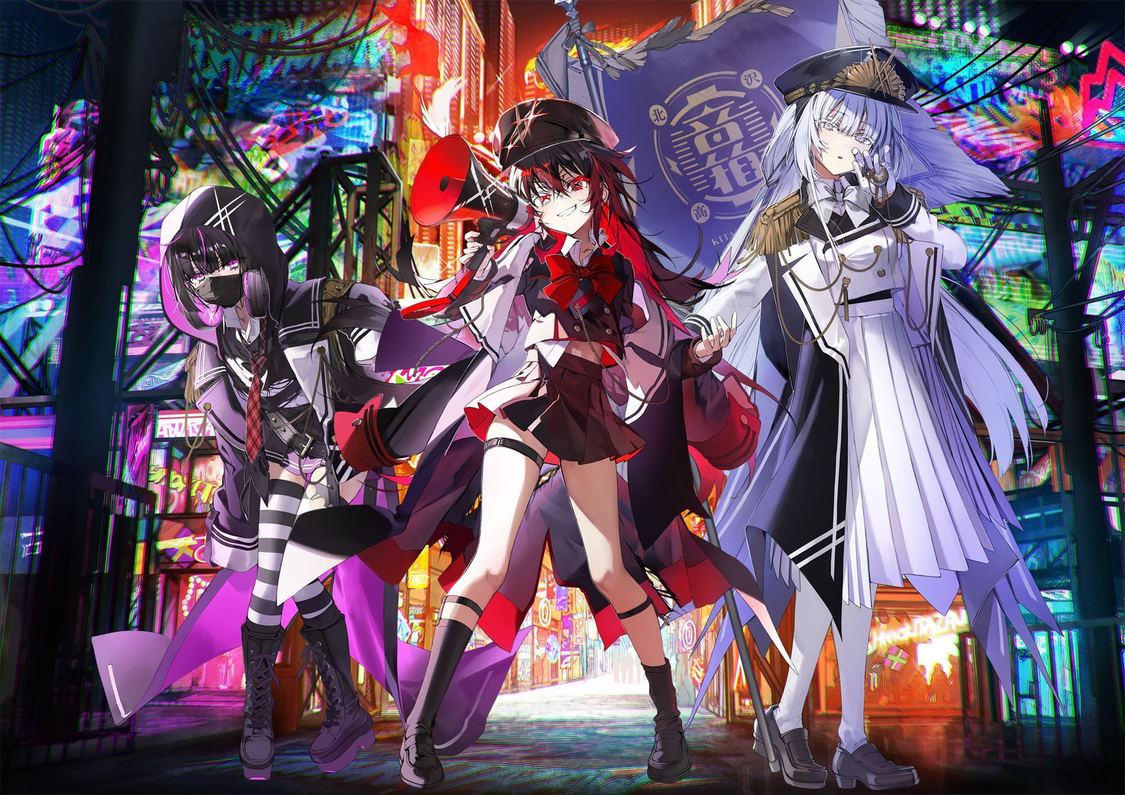 北沢音箱高校：左から、松陰聖那、明前魅音、駒場伶音