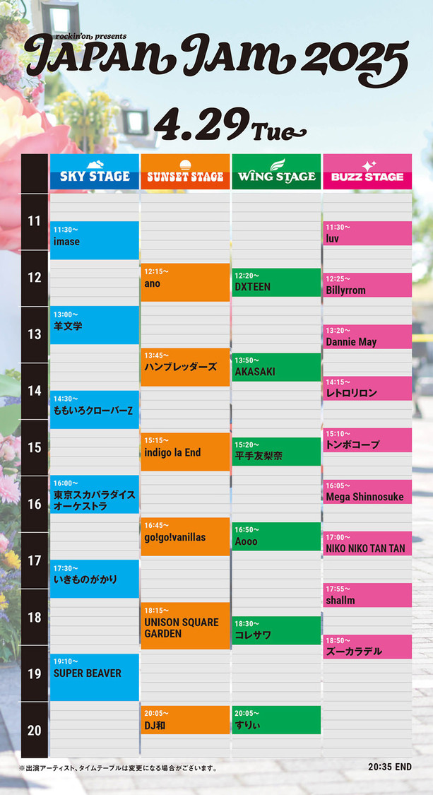 ＜JAPAN JAM 2025＞4月29日タイムテーブル