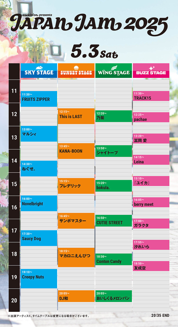 ＜JAPAN JAM 2025＞5月3日タイムテーブル