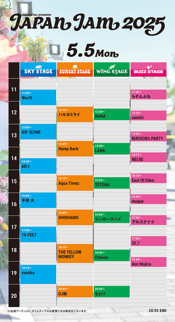 ＜JAPAN JAM 2025＞5月5日タイムテーブル