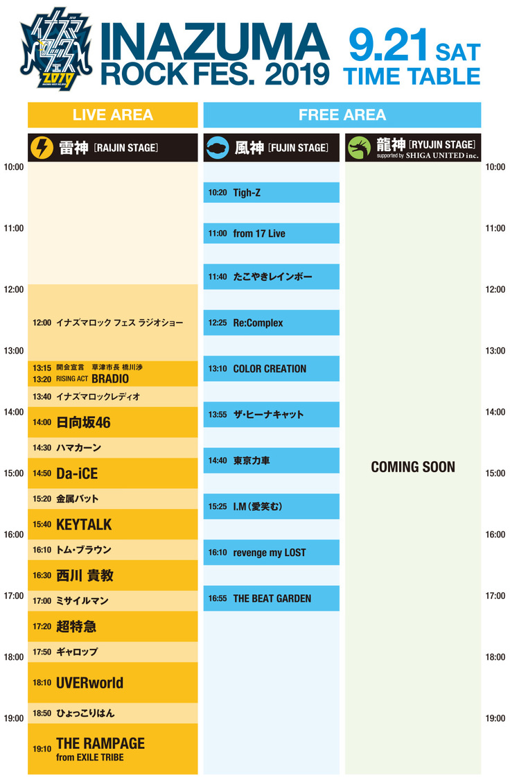 ＜イナズマロック フェス 2019＞9月21日タイムテーブル