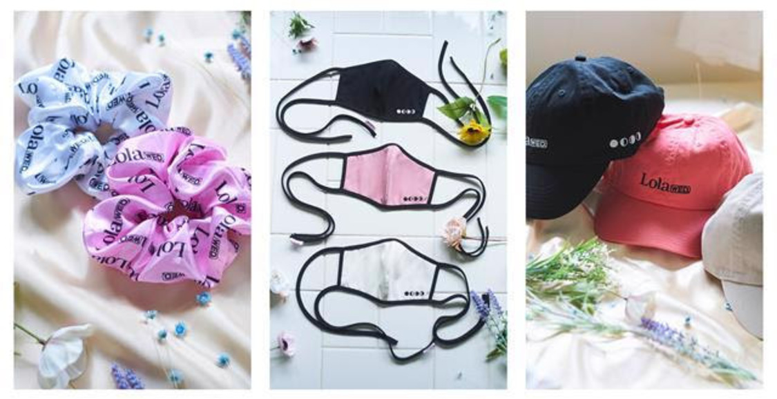 「Lola wed.オリジナルマスク」／「Lola wed.ロゴキャップ」／「Lola wed.ロゴ入りサテンシュシュ」