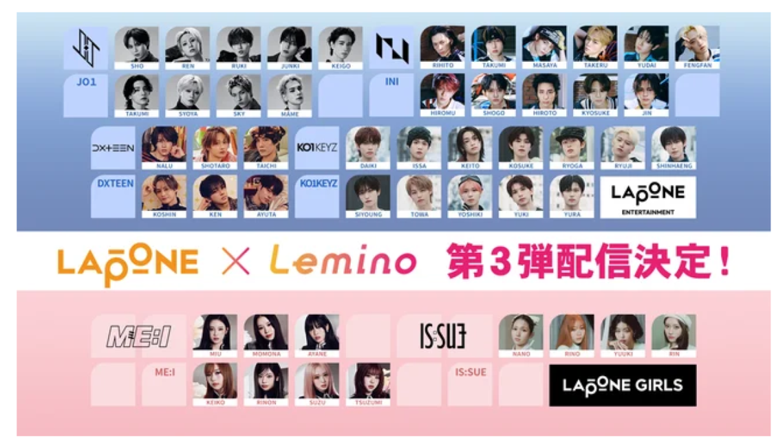 JO1、INI、ME:I、IS:SUEなど、LAPONEアーティスト出演作品が続々!「LAPONE×Lemino」第3弾が8月20日より順次独占配信決定!